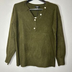 OAT New York Olive Green Henley Sweater Button Front Wool Knit Pullover Medium